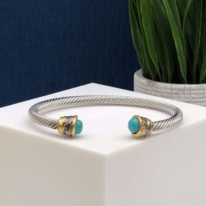 BLUE STONE TWISTED CABLE OPEN BANGLE BRACELET